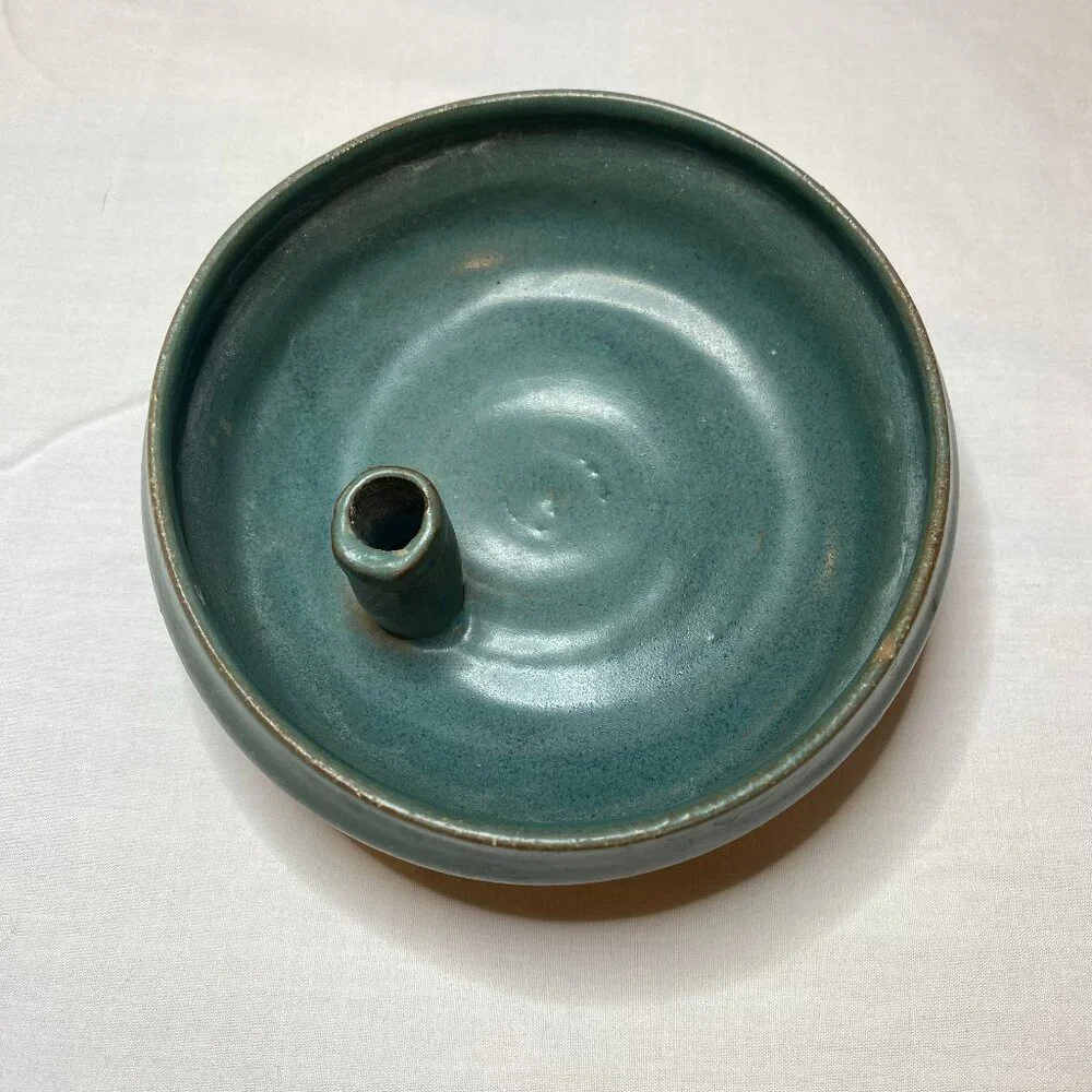 Handmade Studio Pottery‎ Seafoam Celadon Ikebana Flower Frog Bowl Vintage 4.5”